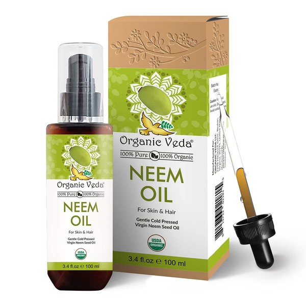 Organic Veda Neem Oil - 100% Pure, Virgin and USDA Organic, Wooden Cold Pressed Oil for Max Strength - Made from Premium Neem Seed Kernel for Beautiful Skin and Hair (3.4 fl.oz)