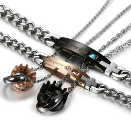Flongo Men's Womens Stainless Steel King Queen Crown Pendant Necklace Bracelet Valentine Christmat Anniversary Set