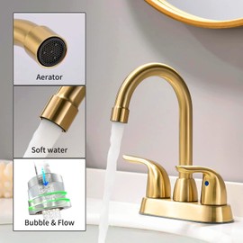 Bathroom Sink Faucet with Pop-up Drain Assembly, Brushed Gold Vanity Faucet 2-Handle for 4 Inch Sink，Modern Centerset Bathroom Faucet with Supply Hose Lead-Free