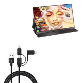 BoxWave Cable Compatible with UPERFECT QLED Portable Monitor N156N01 (15.6 in) - AllCharge 3-in-1 Cable - Jet Black