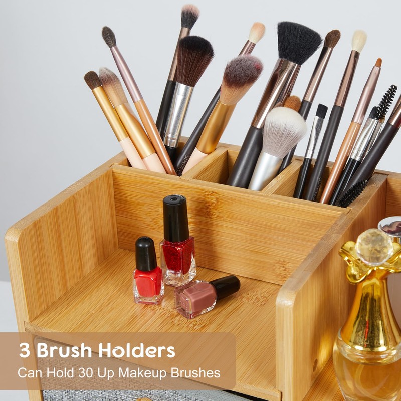 Makeup Organizer Countertop With Brush Holder For Vanity, Large Bamboo