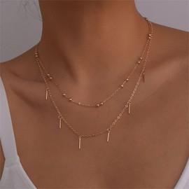 Inilbran Boho Layered Satellite Chain Necklace Choker Tiny Bar Dangle Necklace Vintage Beads Chain Necklace Mini Bar Pendant Necklace Jewellery for Women (Gold), Zinc, No Gemstone