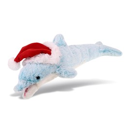 DolliBu Santa Blue Dolphin Stuffed Animal Plush Toy - Super Soft Ocean Life Animal Dress Up with Red Santa Claus Hat, Cute Ocean Life Gift, Perfect with Name Personalization - 14 Inch