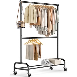 MISSLO Heavy Duty Clothing Racks for Hanging Clothes Rack Double Rod Garment Rack Rolling Closet Wardrobe Rack on Wheels, Metal, Adjustable, Black