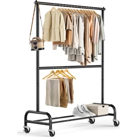 MISSLO Heavy Duty Clothing Racks for Hanging Clothes Rack Double Rod Garment Rack Rolling Closet Wardrobe Rack on Wheels, Metal, Adjustable, Black