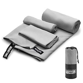 Toalla Deportiva, EASYTAO Toalla Microfibra 3 PCS, Toalla Gym Suave y Ligero para Natacion, Deporte, Baño, Viajes, Yoga, Etc, con Una Bolsa, 3 Tallas (76 * 152cm+40 * 80cm+30 * 30cm, Gris)