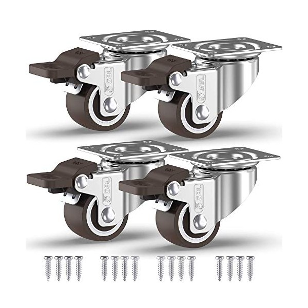 GBL Heavy Duty Castor Wheels with 4 Brakes + Screws - 25mm up to 40KG - Pack of 4 No Floor Marks Silent Caster for Furniture - Rubbered Trolley Wheels - Silver Castors