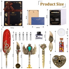 NC Quill Pen Ink Set, Feather Pen Ink Set, Wax Seal Stamp Set, Calligraphy Set, Valentine’s Day Gift for Writing Lovers Birthday Gift, Holiday Ideal Gift (Red)