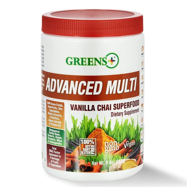 Greens+ Advanced Multi Vanilla Chai Superfood | Essential Blend of Raw Green Foods, Superfruits, and Sea Vegetables Powder | Vegan | Dietary Supplement | Sugar-Free, Non-GMO, Gluten-Free | Size 9.4oz