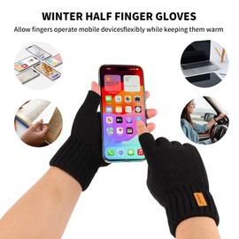 Winter Warm Knitted Fingerless Gloves Half Finger Mittens for Women Ladies Soft Half Finger Gloves for Running Ski Driving (Black)