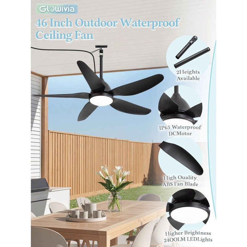 46" Outdoor Ceiling Fan with Lights,Plug in Hanging,IP65 Waterproof(Black)