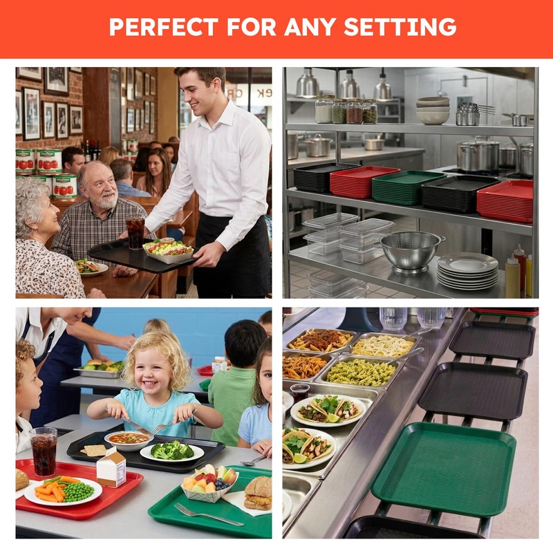 6 Pack Fast Food Serving Trays with Side Handles, 17"