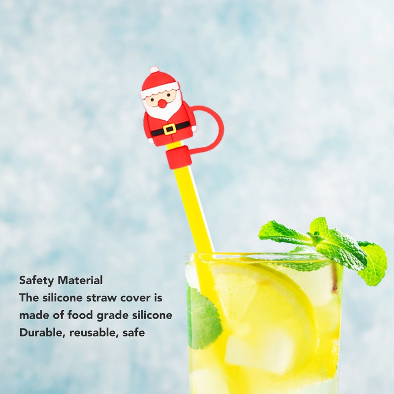 10Pcs Christmas Straw Covers Caps Cartoon Soft Silicone Christmas Straw