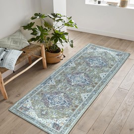 Bloom Rugs Washable Non-Slip 10 ft Runner - Green/Blue Traditional Medallion Runner for Entryway, Hallway, Bathroom, and Kitchen - Exact Size: 2.5' x 10'