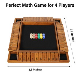 Vamslove 12 inches Shut The Box Dice Game Wooden Board Table Math Game with 8+4 Dice for 2-4 Player, 4 Sided 10 Numbers Close The Box for Kids Adults(Instructions Included)