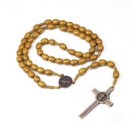 Wooden Rosary Beads Catholic, Handmade Cross Necklace, Vintage Rosary Necklace for Birthday Confirmation First Communion Baptism (Light Brown)
