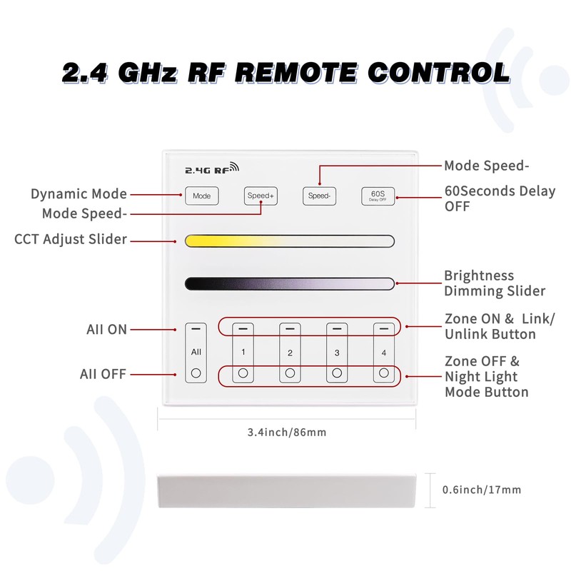 TUNICHX RF Touch Panel Remote 2.4G 4-Zone for Dimmer and