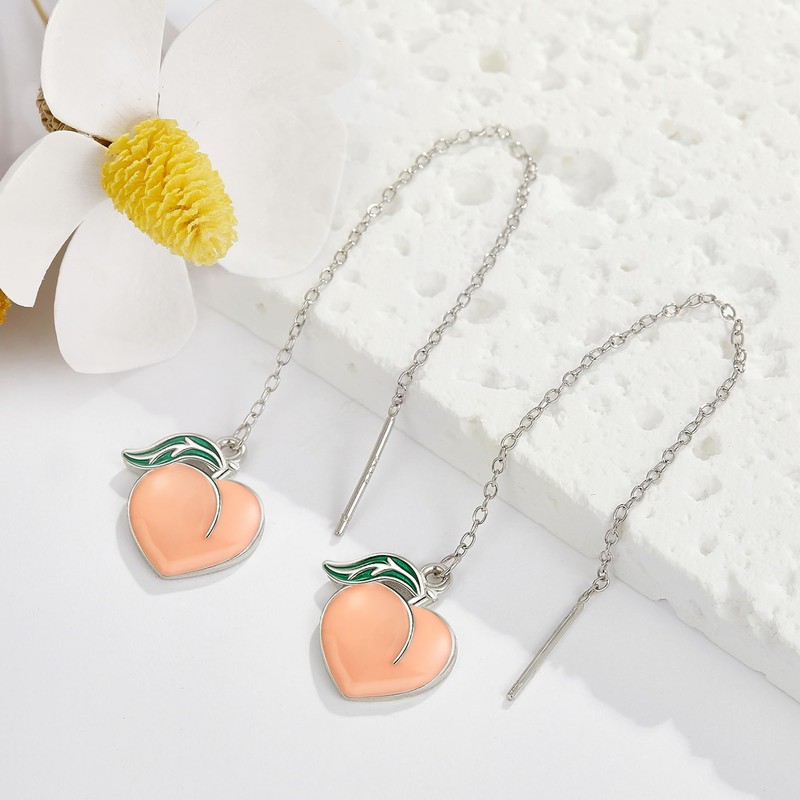 Peach Earrings Sterling Silver Peach Threader Earrings Fruit Jewelry For