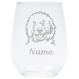 Goldendoodle dog themed with name 17 oz. stemless wine glass