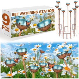 Teenyyou 9 Pcs Bee Watering Station for Garden Bee Metal Watering Cups Butterfly Water Feeder Small Insects Bath Bowl Cups Metal Stakes for Outdoor Garden Decor, Blue