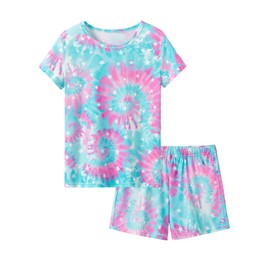Topgal Big Girls Tie Dye Pajamas Tee & Shorts 2-Piece Clothes Set Cute Jammies Size 10