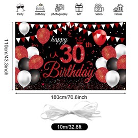 GRESATEK 30th Birthday Banner, Happy 30th Birthday Decorations Banner for Men Women Black Red Birthday Party Decoration Anniversary Photo Booth Sign Poster Background