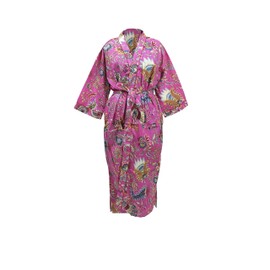 CRAFT KALA Women's Long Robes Kimono Robe with Colorful Crown Printed Pink Kimono Nightgown