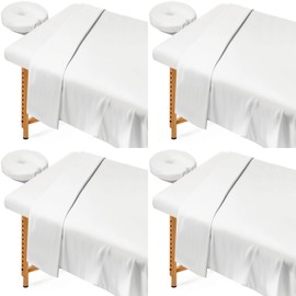 JUSTDOLIFE 4 Sets Massage Table Sheets, 3-Piece Set Massage Bed Fitted Sheet Flat Sheet Fitted Face Rest Cover, Massage Bed Cover for Beauty Salon Skin Care Center, Universal Size, Machine Wash