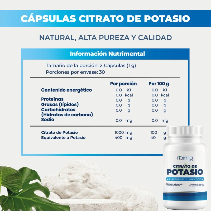 Citrato de Potasio –120 cápsulas. Suplemento mineral que apoya el
