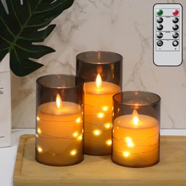 Eldnacele Flickering Flameless Candles String Lights with 10-Key Remote and Timer, Battery Operated Moving Wick Unbreakable Black Glass Plastic LED Pillar Candles for Dinner Holiday Decor Set of 3