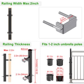 Dolibest Heavy Duty Patio Umbrella Holder, Steel Deck Clamp Holder up to 2'' Umbrella Pole, Deck Mount Umbrella Holder, Space Saving Design, Attaches to Railing Max Width 2 inch, Easy Installation