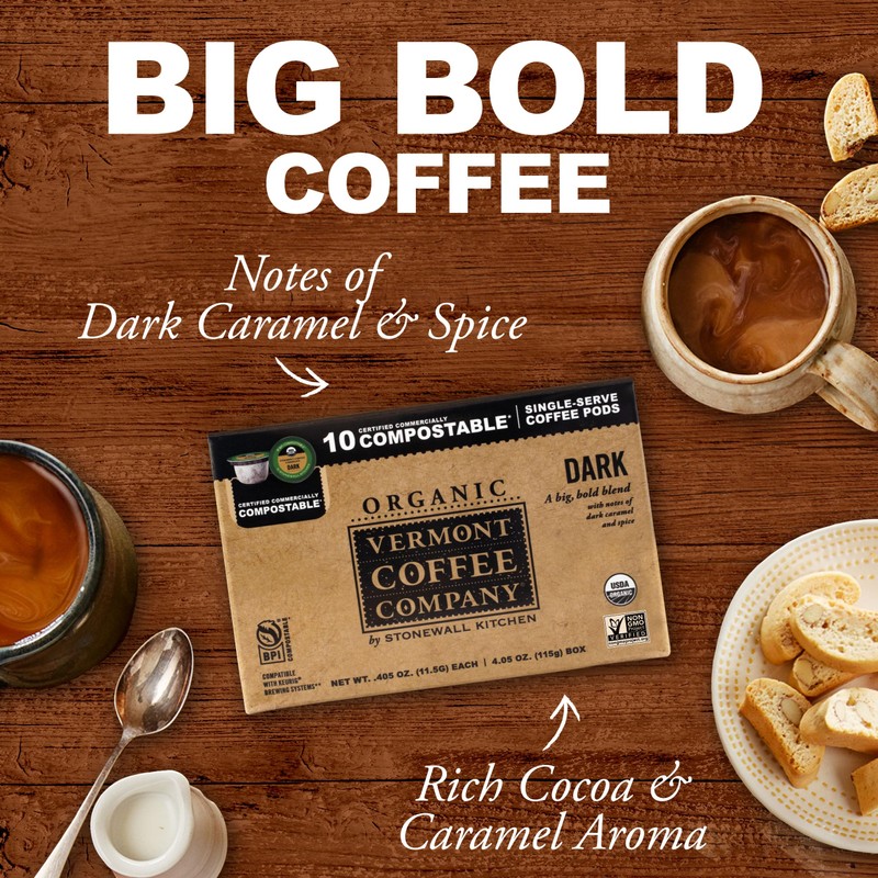 Vermont Coffee Company, Organic Dark Roast Coffee Pods, Single-Serve, Compostable