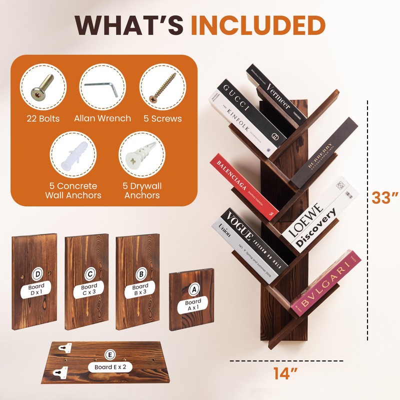 FreshDecor Tree Bookshelf, 7-Tier Wall Mounted Bookshelf Tree – Natural