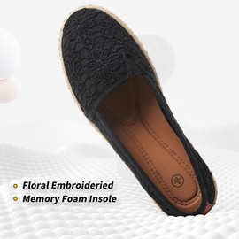 BABUDOG Women's Black Flats with Flower Embroideried,White Lace Ballet Flats,Comfortable Dress Flats(Black.US8)
