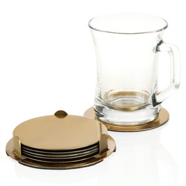 com-four® 7 Piece Coasters Set with Holder - Stainless Steel Coasters for Drinks - Round Steel Coasters - Gold (007 Pieces - Gold)