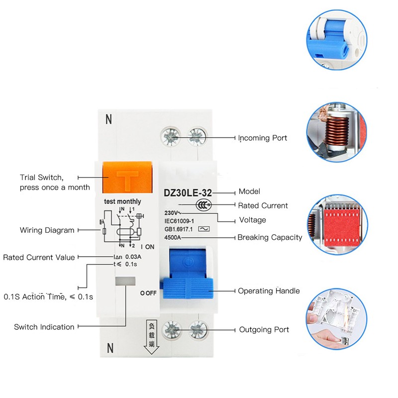 Miniature Circuit Breaker Overload Air Switch Leakage Protection Switch 16A
