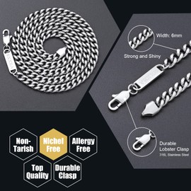 VEXXS Men's Gold Chain, 18K Real Gold Plated Miami Cuban Link Chain, Durable No Color Fading 3mm 4mm 6mm Men’s Necklace Chain Urban Fashion Street Wear (6mm-White Gold, 24.00)