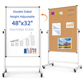 Double-Sided Whiteboard and Corkboard on Wheels, 48 x 32 Inch Magnetic Dry Erase Board with Adjustable Height Stand, Rolling Mobile Board for Office, Classroom, Presentation & Planning (Cork & White)