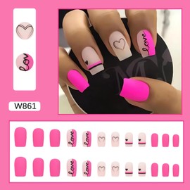 Square Valentine’s Day Press on Nails Medium Pink Fake Nails Black Love Heart Acrylic False Nails Tips Cute Design Glue on Nails Medium Square Valentine Stick on Nails for Women Manicure DIY 24Pcs