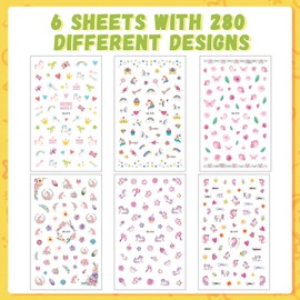 Kids Nail Stickers, 6 Sheets 280 Designs of Kids Nail Art Decals Stickers,Self Adhesive 3D Nail Art Stickers,Cute Unicorn Nail Stickers,for Kid Girls Women Nails Tip Decoration Gift (Candy Unicorn)