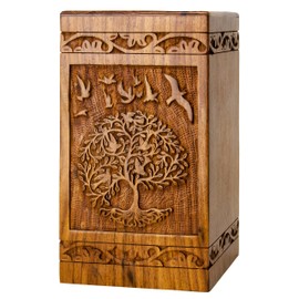 INTAJ Handcarved Wooden Cremation Urn for Human Ashes - Tree of Life Design, 180 lbs Capacity, Suitable for Adult Men and Women - Decorative Funeral Urn Box and Casket - Wooden Carved Box