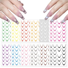 WOKOTO 12 Sheets Moon Shape French Tip Nail Stickers Waterproof Gradient Color French Tip Stickers Self Adhesive Curve Moon Strips Nail Decals Stickers for Women Nails Design French Tip Tool Strips