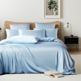 Boqingzhu Bamboo Bed Linen 135 x 200 cm Blue Sky Blue Plain Single Bed Luxury Lyocell Silk Bed Linen Set Duvet Cover with Zip and Pillowcase 80 x 80 cm