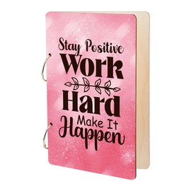 SUPERDANT Work Hard Greeting Card Stay Positive Organizer Planning Book Binder Inspiring Cards Keeper Pink Card Holder Wooden Loose Leaf Photo Album 2-Rings Cover Cards Keepsake for Birthday Holiday