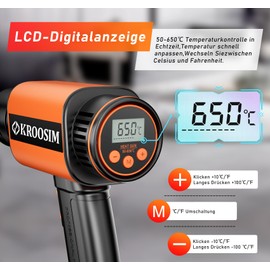 Heat Gun, Kroosim 2000 W Hot Air Gun with LCD Digital Display, Variable Temperature Control 50°C - 650°C, 280-600 l/min Airflow, Electric Hot Air Gun, Ideal for DIY, Shrinking, Removing