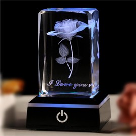 FIEIFI 3D Rose Crystal with LED Light Display Base for Valentines Gift, Wife, Mother, Friendship Love Memorial Unique Birthday Present