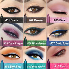 ASCOKA 10 Color Eyeliner Pencil Set, Glitter Blue, Pearl Eye & Lip Liner, Waterproof Metallic Finish