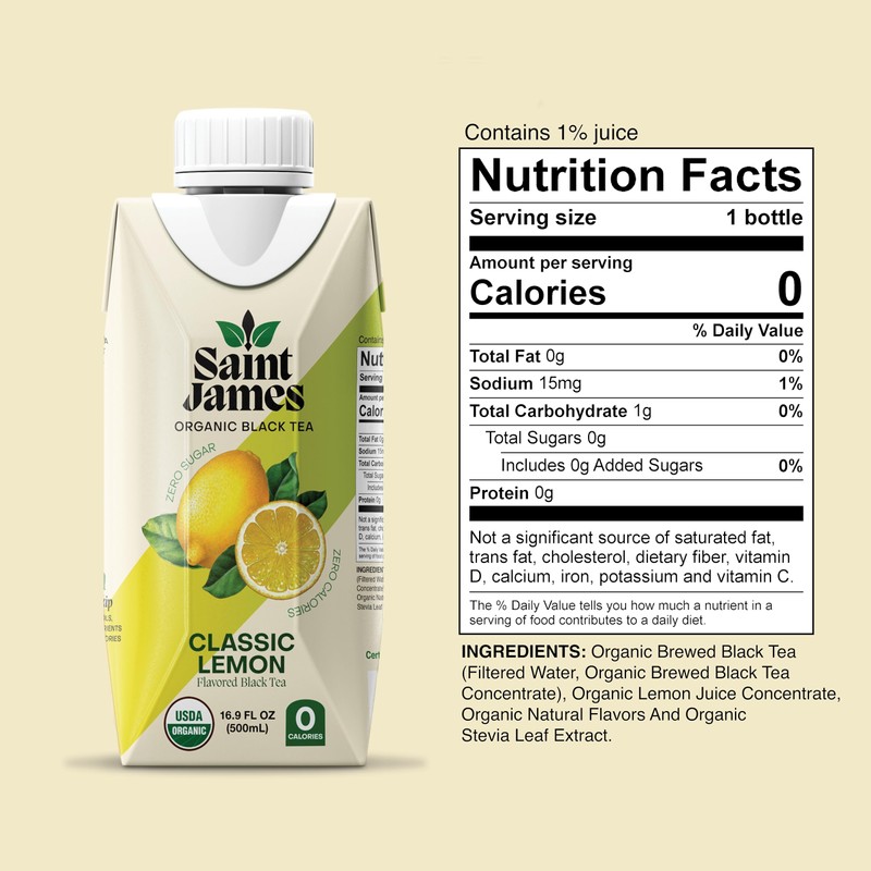 Saint James Organic Black Tea, Classic Lemon, Zero Sugar, Kosher,