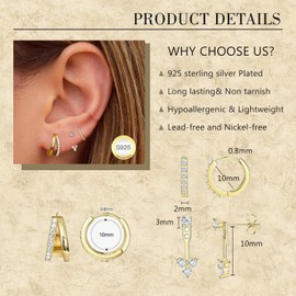DOA 3 Pairs Gold Earrings for Women, 14k Gold Plated Cubic Zirconia Stacks Earrings, Small Huggie Hoops, Hypoallergenic Cartilage Earring Set for Multiple Piercings