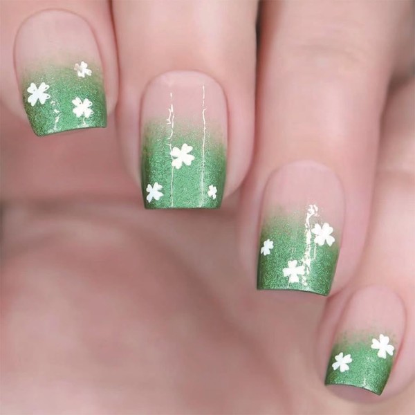 24Pcs St Patricks Day Press On Nails, Green Glitter French